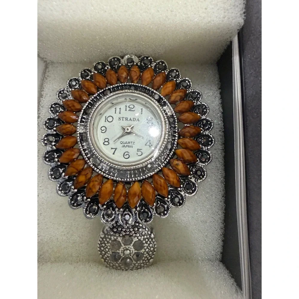 Strada Women Silver Tone Amber Stone Sunflower Ring Watch Quartz Japan Movt New